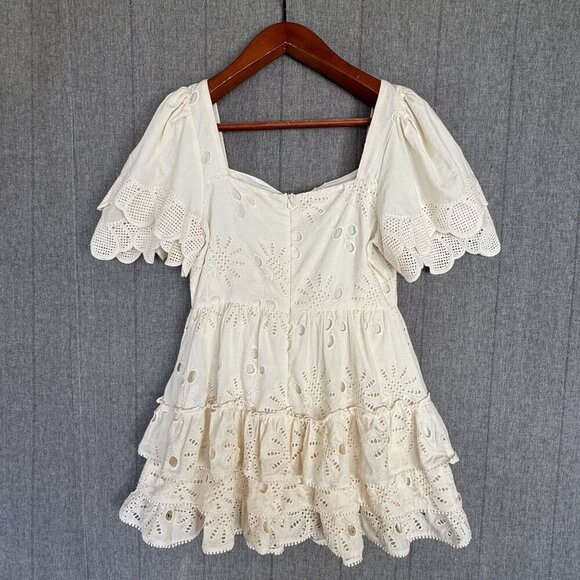 Just Me Beige Cotton Embroidered Short Bell Sleeve Ruffle Tier Mini Dress Size L - Picture 7 of 13